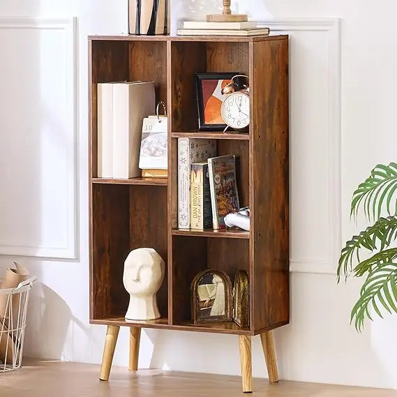 Leyaoyao 5 cube small bookshelf,3 tier mid-century bookcase with legs,wood bookshelves storage organizer shelf,narrow