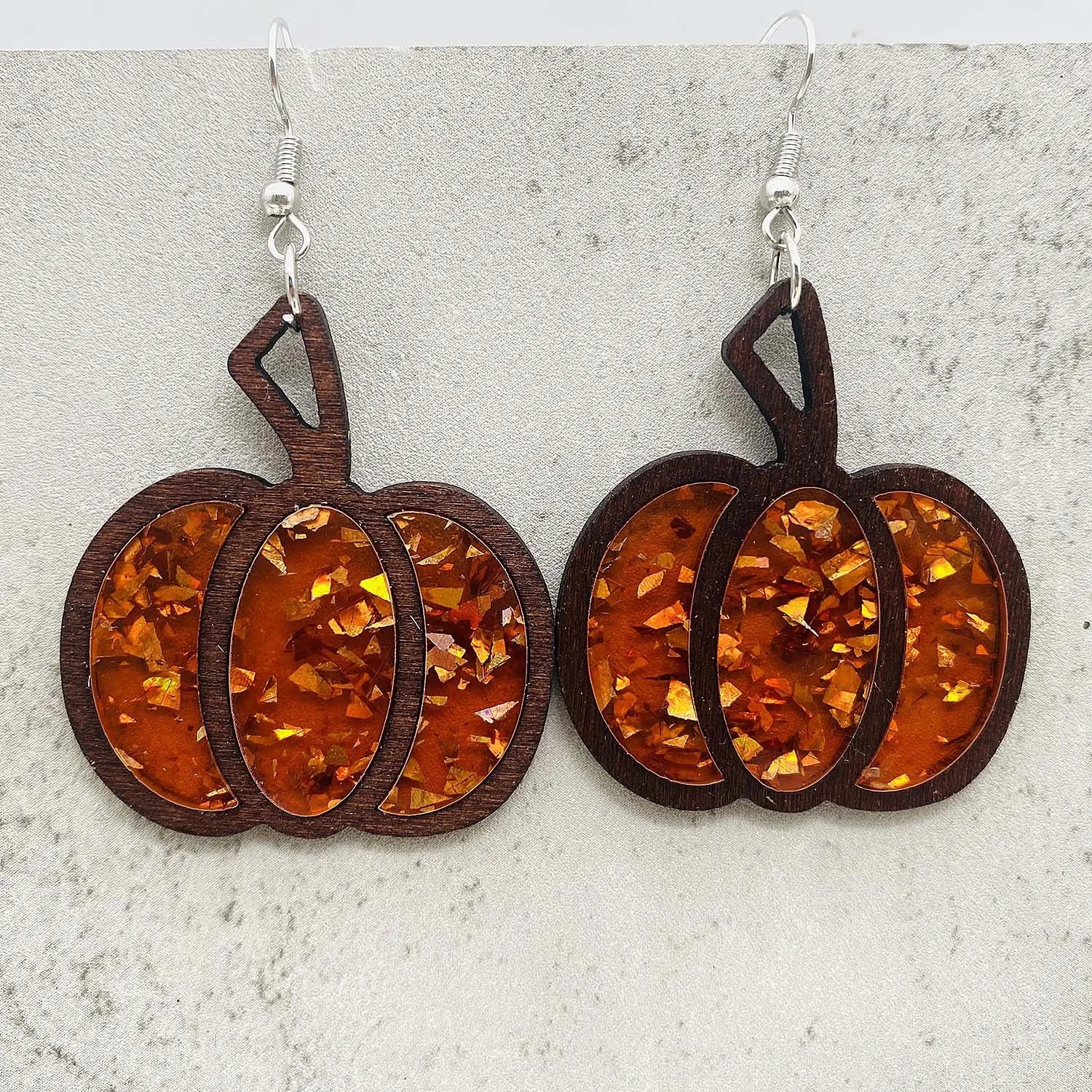 New autumn thanksgiving earrings halloween pumpkin wooden inlaid acrylic glitter jewelry for women gifts - united