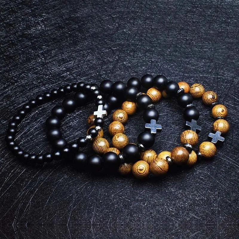 Cross bracelet men’s religious rosary wooden beads popular jewelry christian crucifixes decoratio frosted stone beaded