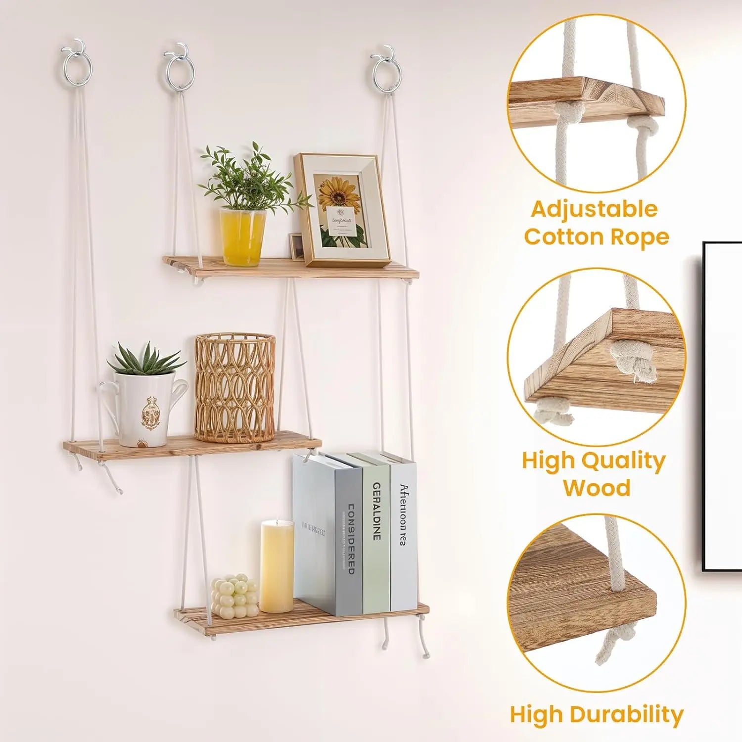 Boho wall shelves for plants - 3 tier macrame hanging wooden storage floating rope shelve - united states / b0dy74yxlq