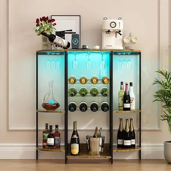 Cabinet with led lights & power outlets mini bar for liquor and coffee wine rack glass holder kitchen - united states