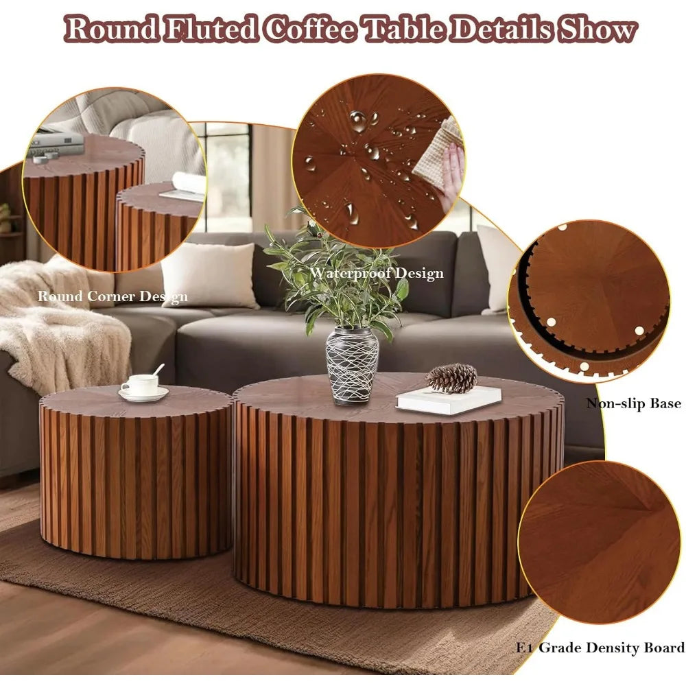 Handcraft round nesting coffee table - chic wave stripe edge modern stylish walnut wooden circle fluted center