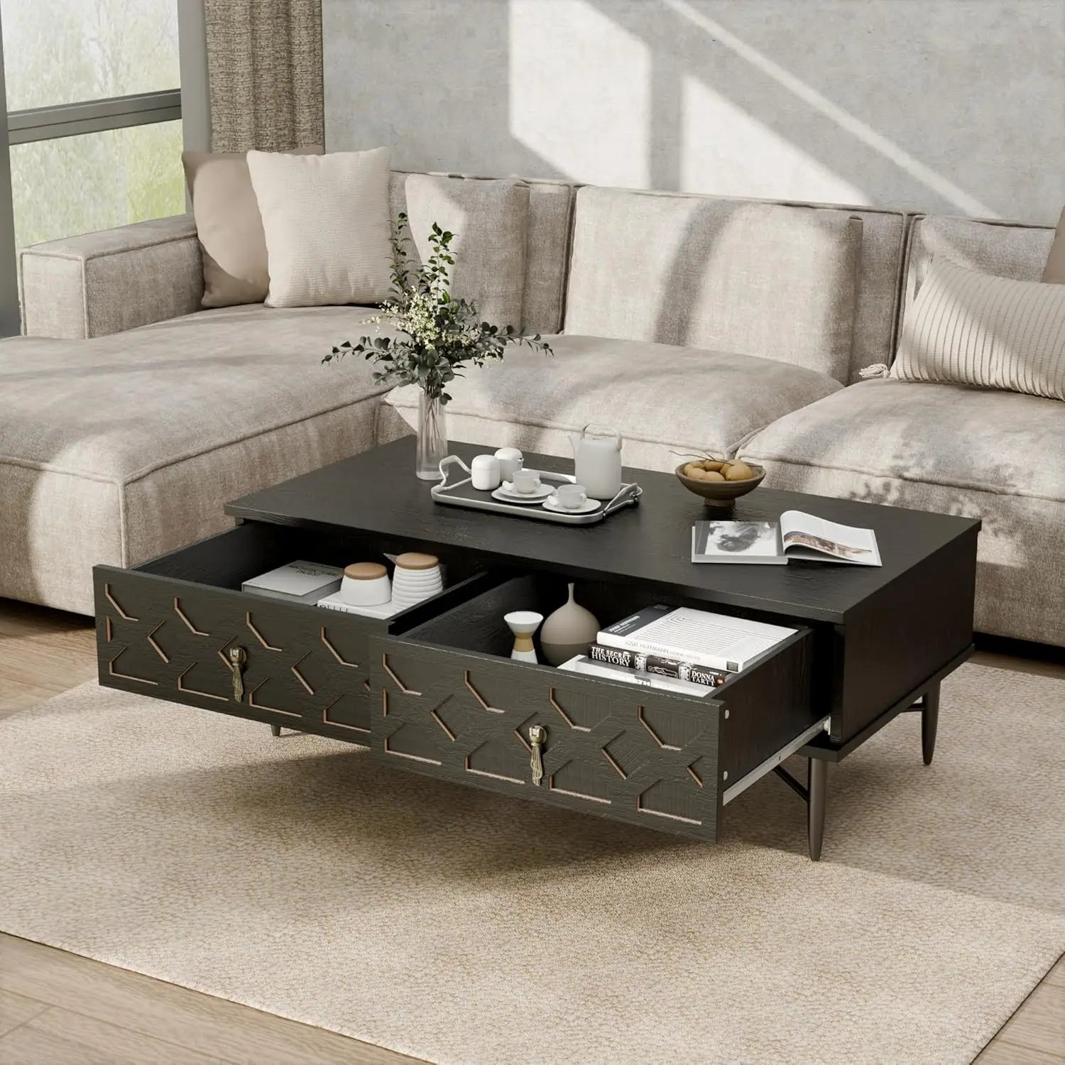 Mid century modern coffee table carved decorative center tea fluted wooden with storage for living - ebony black