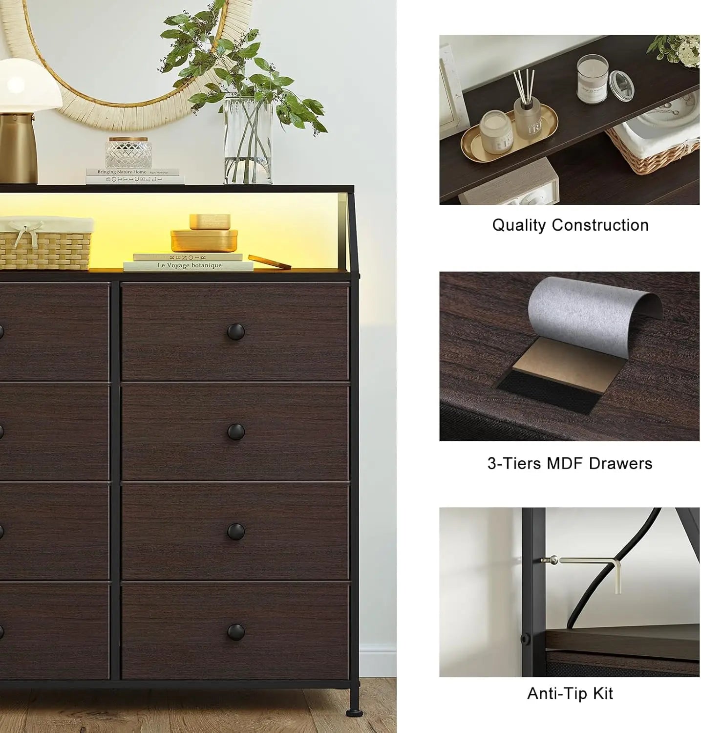 Dresser for bedroom with charging station and led lights brown tall chest of drawers shelf 2pcs wooden top large