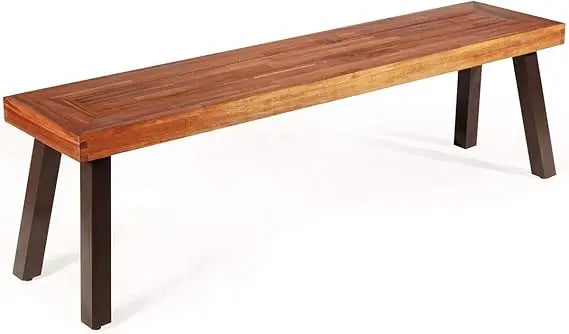 Outdoor bench acacia wood patio seating dining benches for garden lawn farmhouse and entryway with metal legs rustic