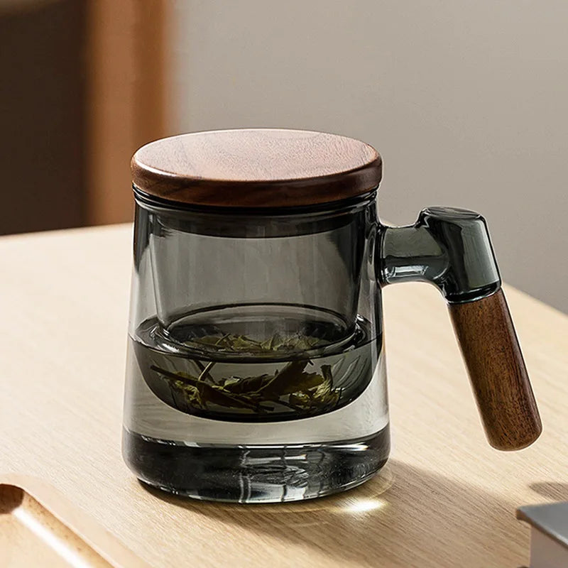 400ml borosilicate glass tea cup with infuser steeper and lid for loose leaf wood handle blooming diffusers filter mug