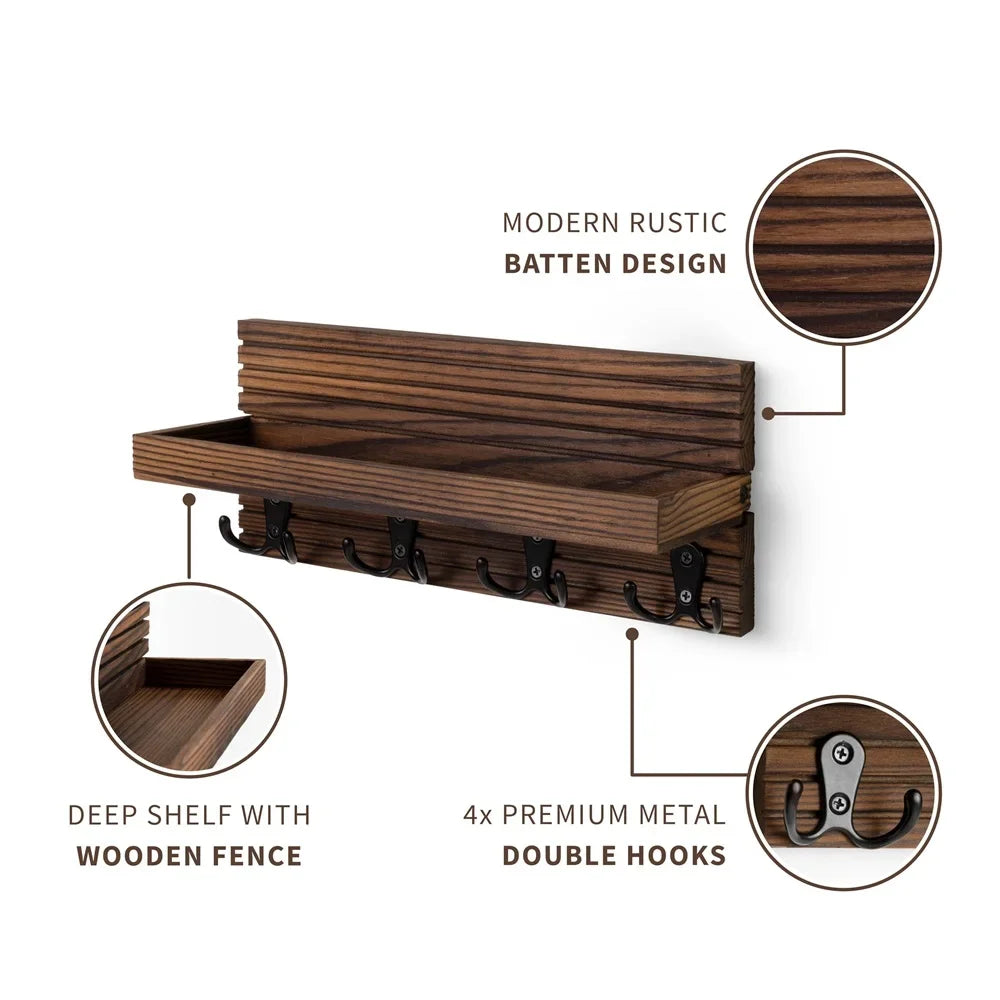 Wooden key holder for entryway decor wall mounted mail organizer and hanger with 4 hooks rustic rack keys sunglasses