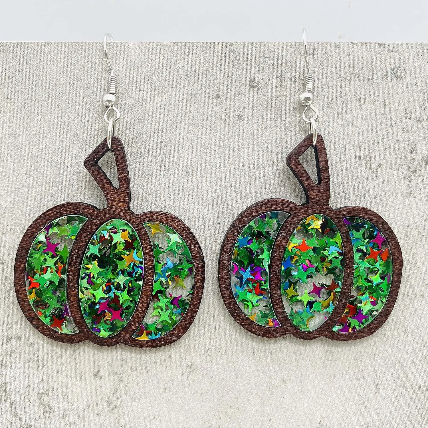 New autumn thanksgiving earrings halloween pumpkin wooden inlaid acrylic glitter jewelry for women gifts - united