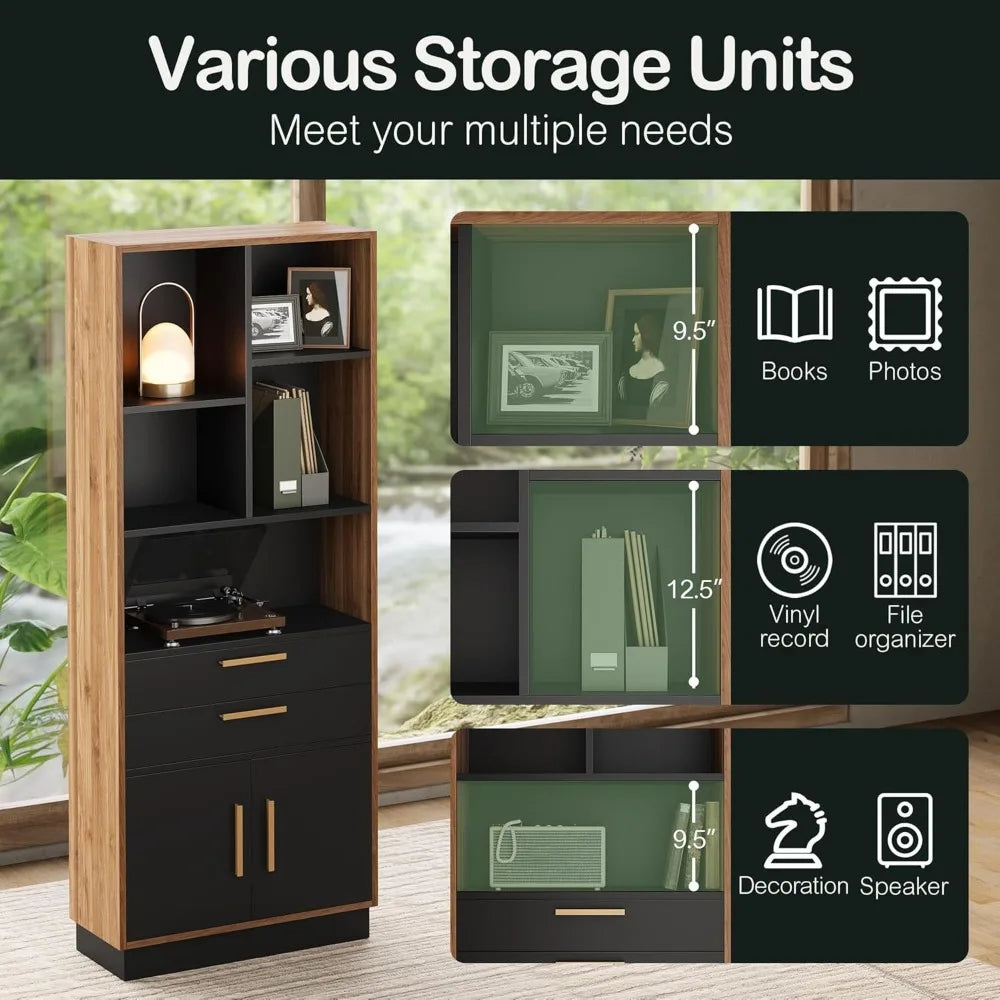 Book shelf with storage 59 inches tall bookshelf doors modern bookcase 5 cubes and 2 drawers wood for hom