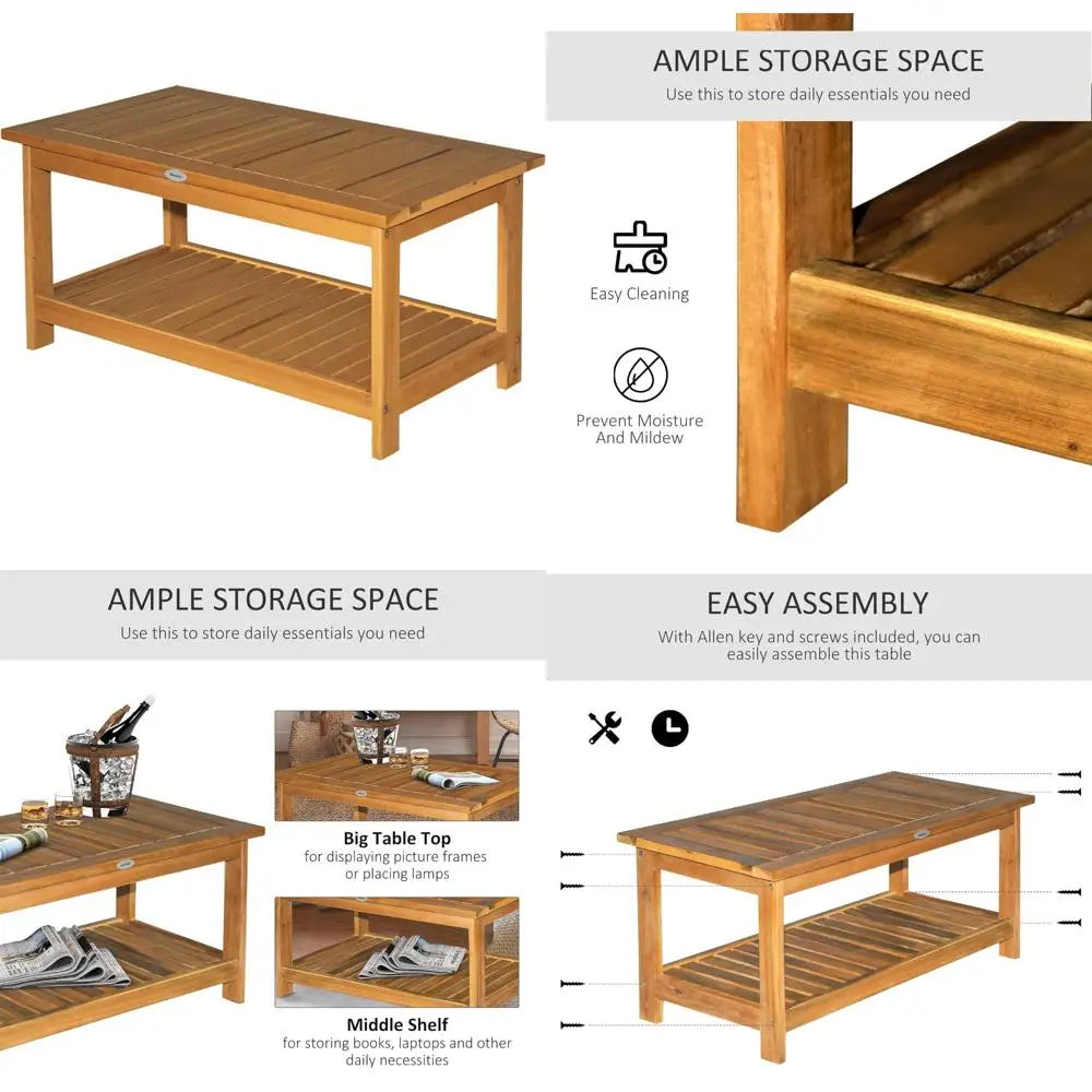 Rectangular acacia wood outdoor coffee table with two shelves - natural finish for patio deck lawn and garden storage