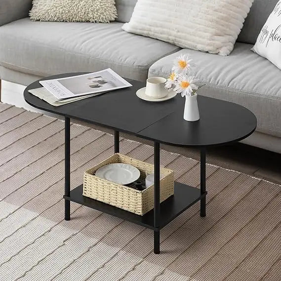 Coffee tables for living room,2-tier small table industrial modern black with storage shelf and wood tableto - united
