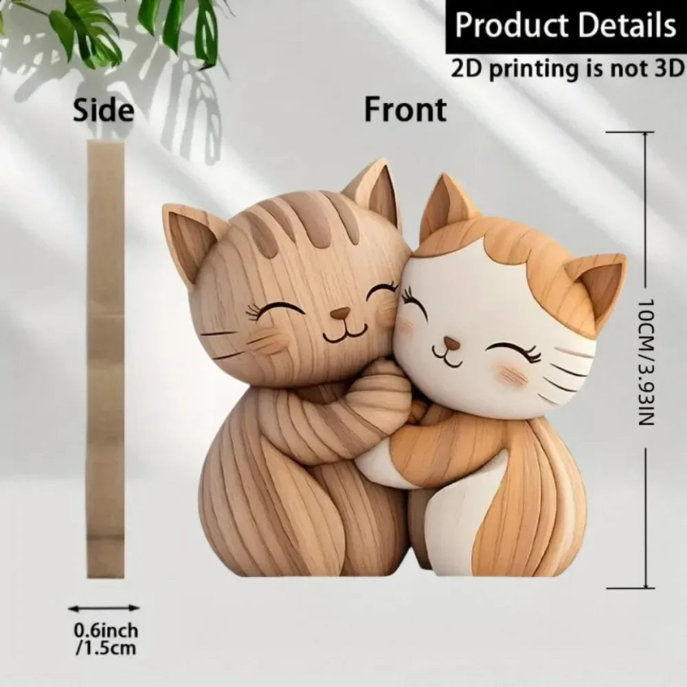 2d flat cat wooden kitten dog couple sculpture enthusiast gift light and dark wood grain desktop entrance home