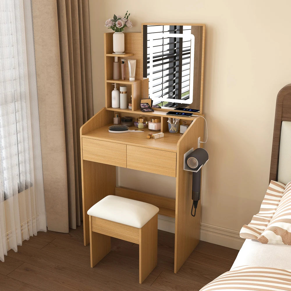 Vanity table with led-illuminated mirror power outlet hairdryer holder & stool compact dressing desk for small