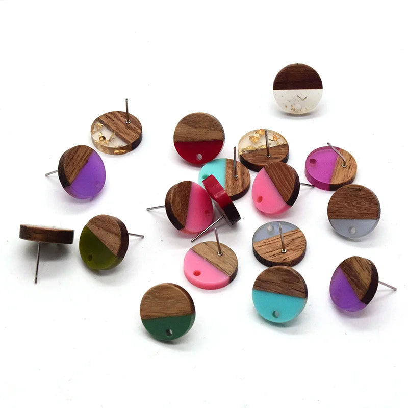 10pcs stainless steel needle resin wood earring findings 15mm splicing round vintage base connector jewelry finding