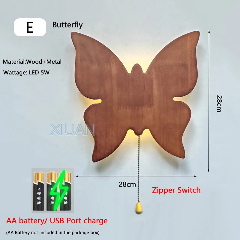 Retro butterfly wall lamps with pull cord switch cloud balloon moon wooden sconces battery charge wireless light - e