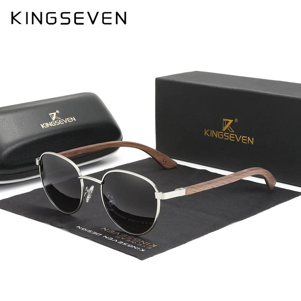 Kingseven round new sunglasses wooden polarized uv400 protect glasses hd tac lens for men women handmade gift eyewear
