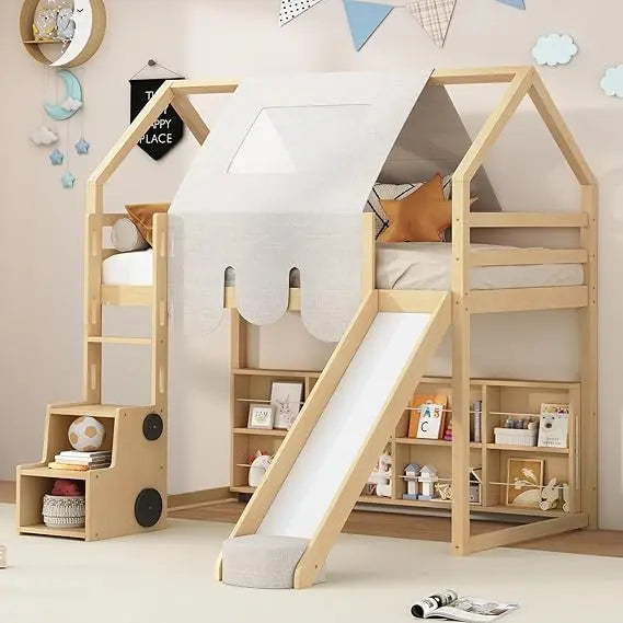 Merax kids wood low loft bed with full length guardrail bunk for juniors no box spring needed espresso - naturalbeige