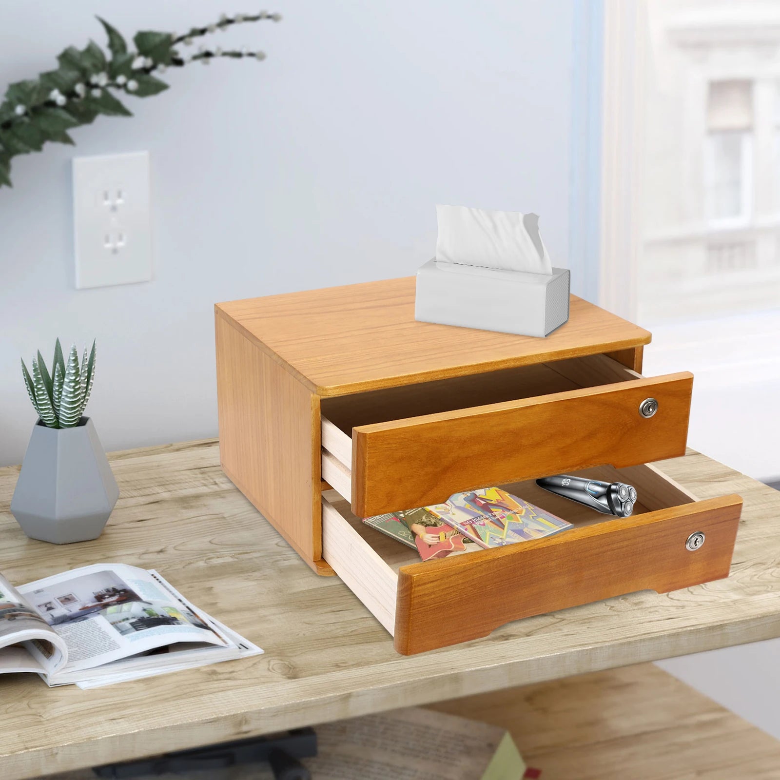 2-tier wooden desktop storage box with locking drawers non-slip pads privacy protection ideal for home or office
