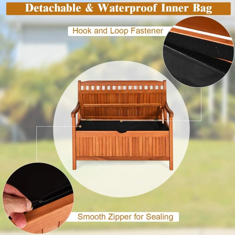 Wooden outdoor storage bench with removable lining and portable handle for deck entryway - united states / natural