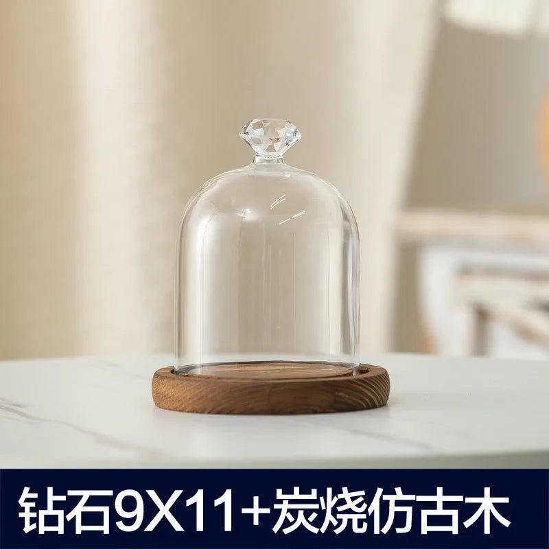 Aromatherapy candle holder ornaments dust-proof glass cover wooden base display box home decoration - diamond 11cm