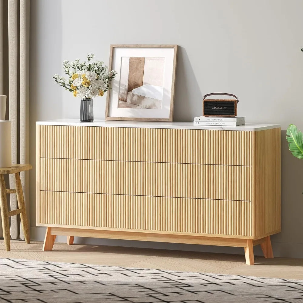 Fluted 6 drawers dresser for bedroom,52’’ wide handleless chest of with faux marble top wooden tv stand wood dr