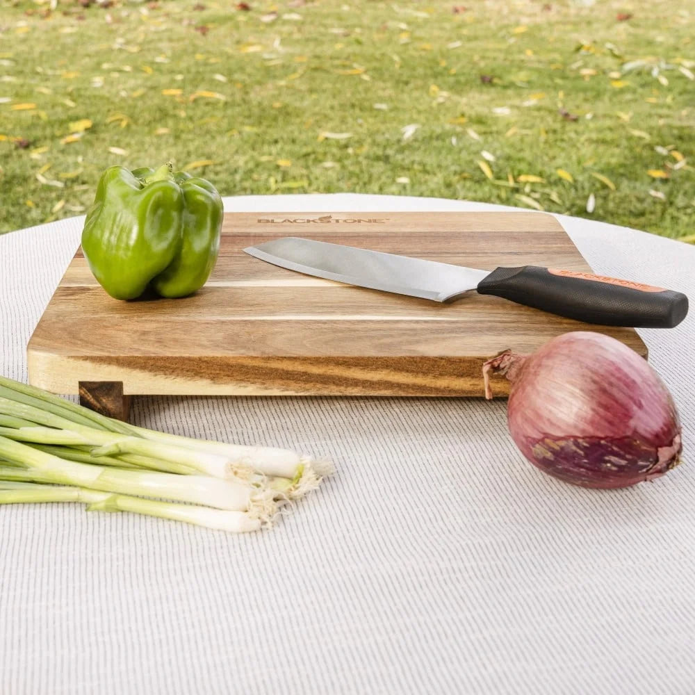 Acacia wood griddle top cutting board meat resting and food preparation with base support hand wash only - united states