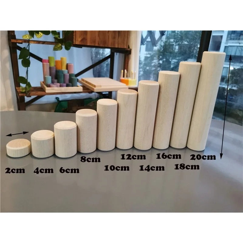 Kids large wood building rollers pastel blocks stain lime stacking cylinders forest trees rings educational creative