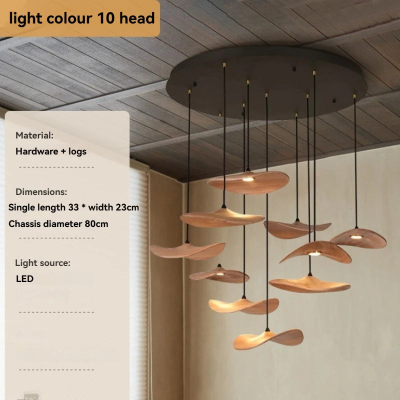 Solid wood walnut color leaf multi-head combination chandelier living room main lamp restaurant wabi-sabi retro style