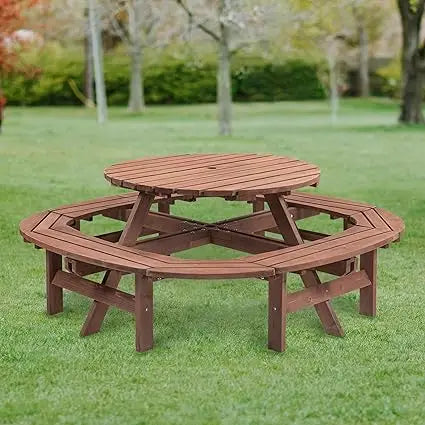 10-person solid wood picnic table outdoor round and bench set with umbrella hole outside wooden chairs s - united