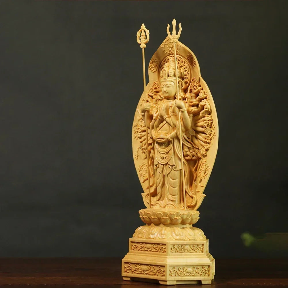 Feng shui buddha carving boxwood thousand-hand guanyin sculpture home decor - high 20cm - religious (buddhist)