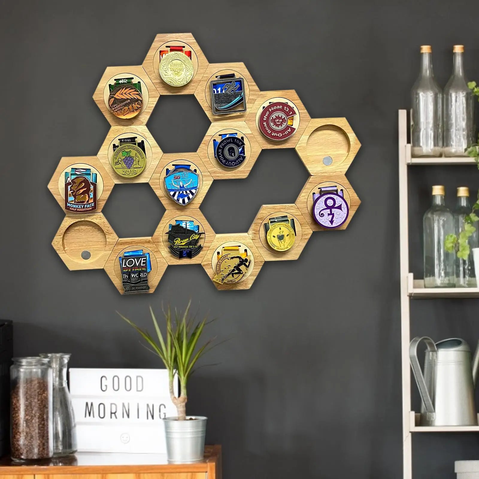 1-10pcs wooden medal display racks hexagonal honeycomb combination holder honor commemorative home wall decoration