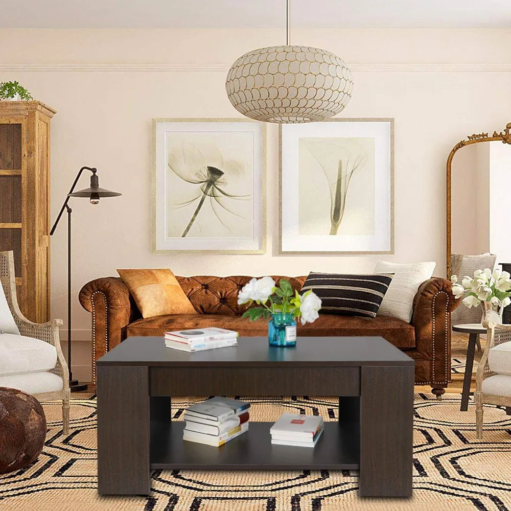 Modern lift top coffee table w/hidden compartment and storage shelves pop-up cocktail for living room reception