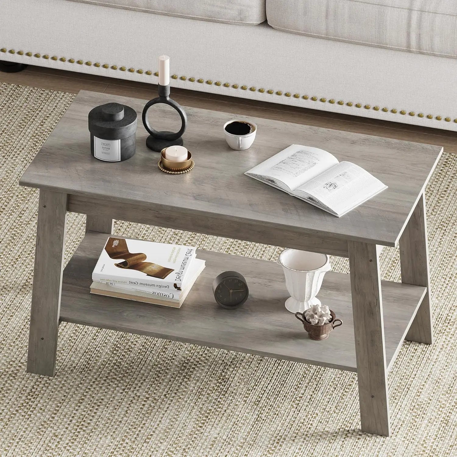 31.49’’ industrial coffee table farmhouse nightstand 2-tier storage side tables with rustic wood finish