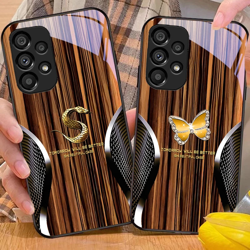 Wood grain snake for samsung galaxy s10 s20 plus s21 fe s22 s23 s24 s25 ultra black tempered glass phone case hard shell