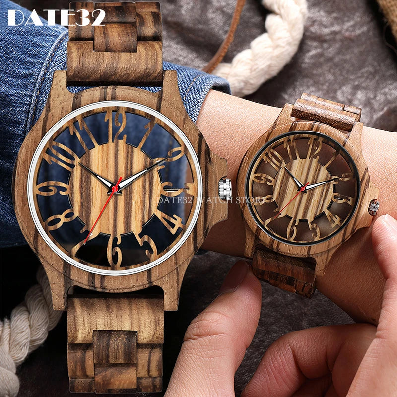 Natural bamboo wood watch for men full-wooden hollow case band watches man quartz wristwatch real wooden clock male