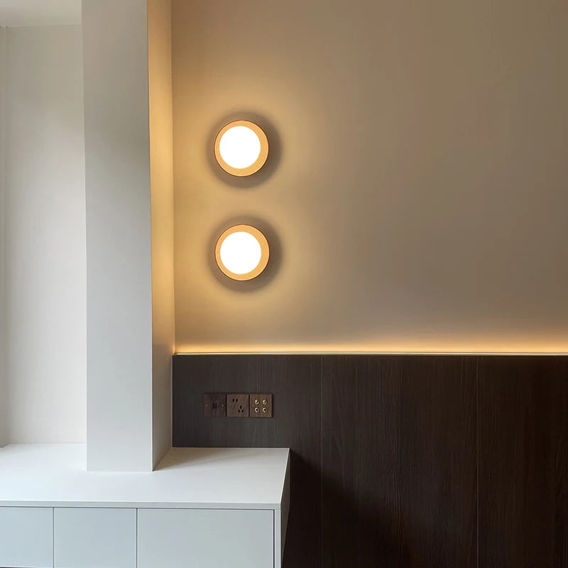 Wabi-sabi style nature wood walnut color bedroom bedside wall lights milky white round glass lamp for hallway stair