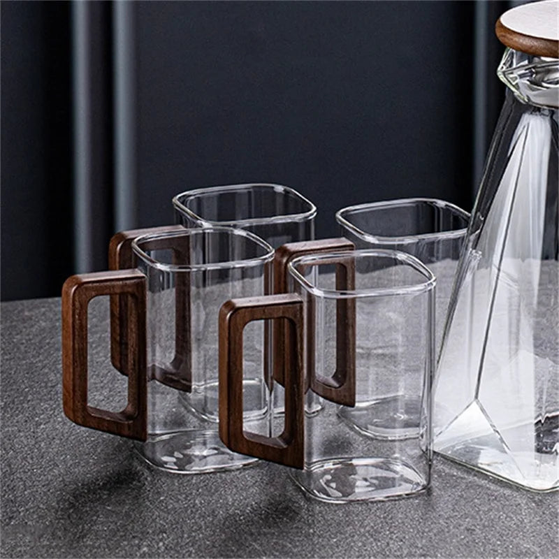 250ml square high borosilicate glass coffee mug with wooden handle heat-resistant tea breakfast milk caffe americano