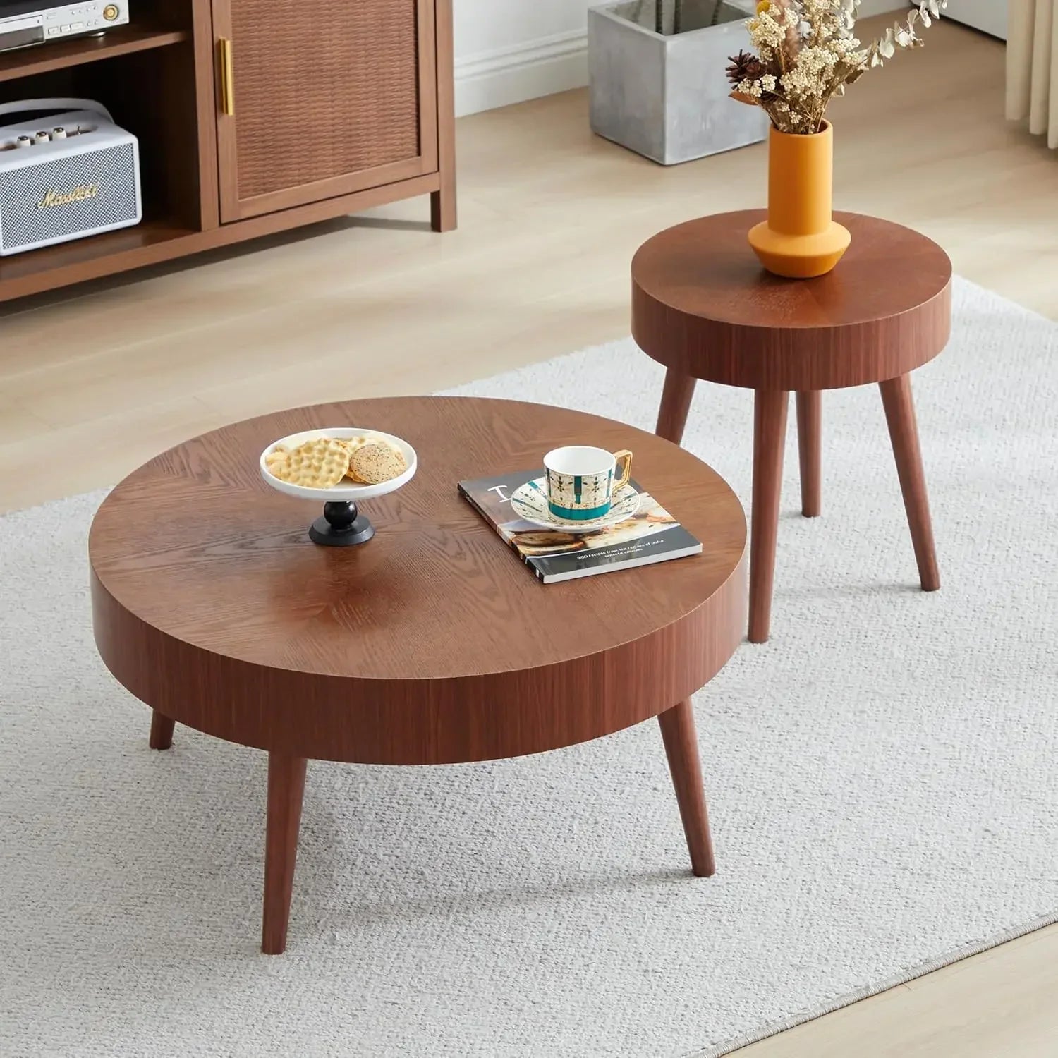 Nesting round coffee table set of 2 farmhouse modern natural wood tables boho side end - walnut / united states