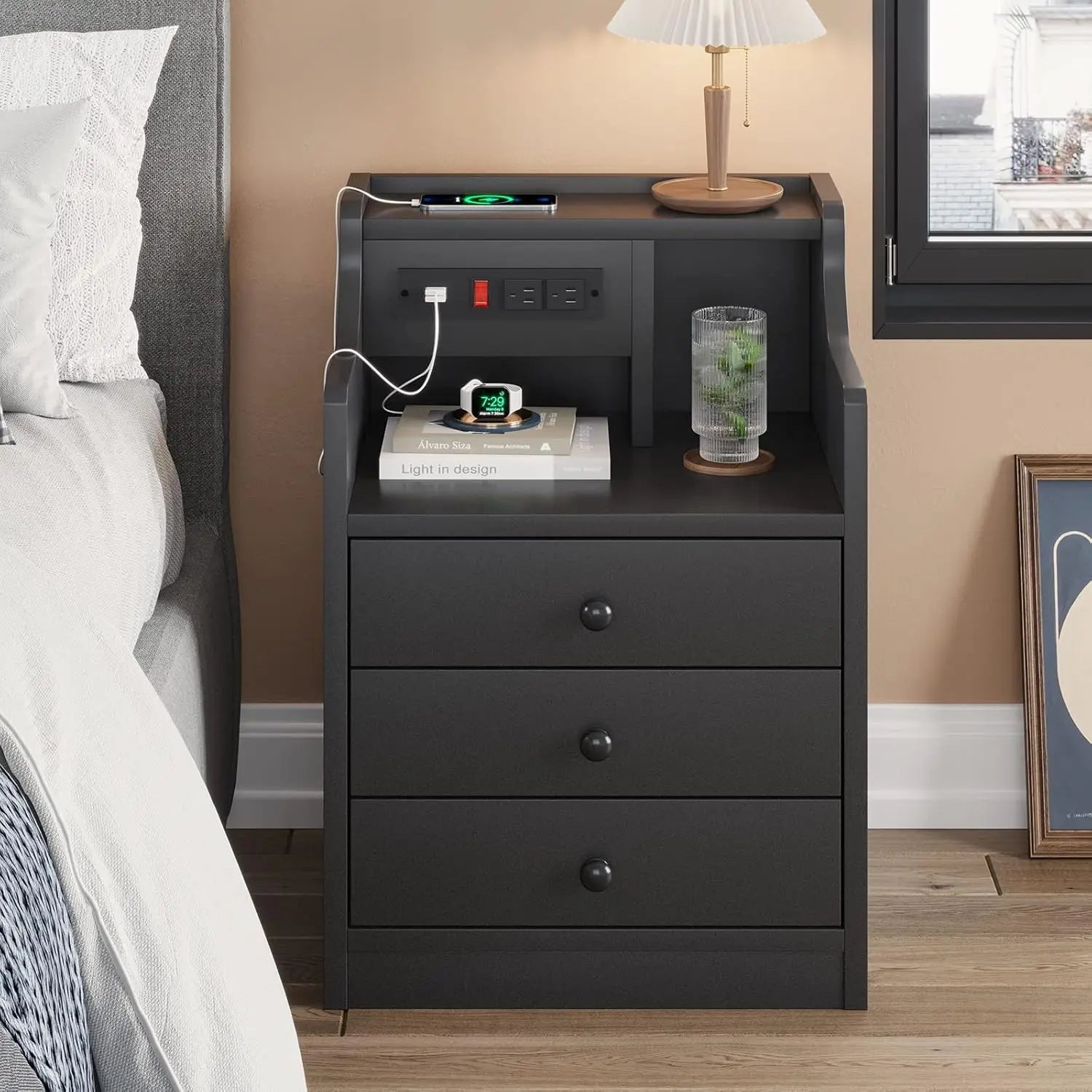 Nightstand with charging station night stand hutch & storage drawers end table side bedroom, - black / united states