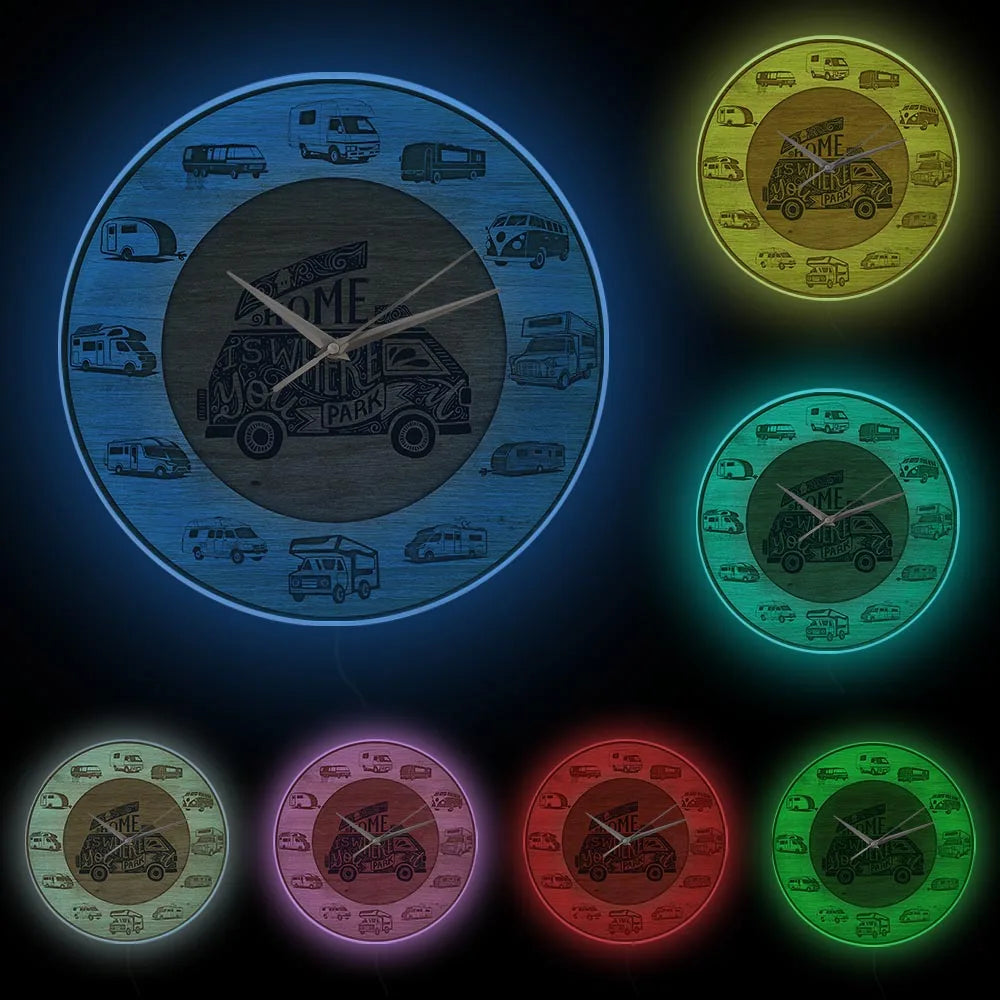 Home is where you park rv recreational vehicles wood texture acrylic print wall clock camper vans motorhome travelling