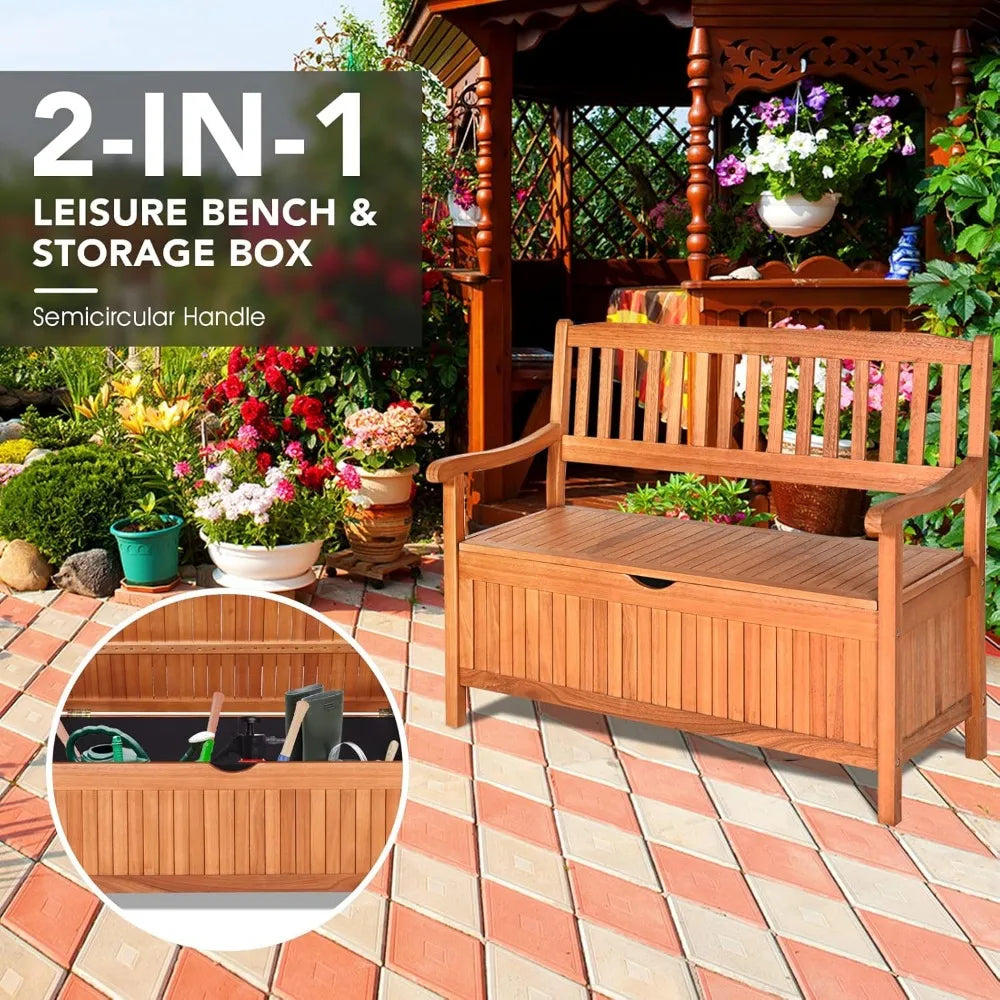 Safstar outdoor patio bench with storage box 33 gallon capacity wooden frame eucalyptus material natural color 42 x 23