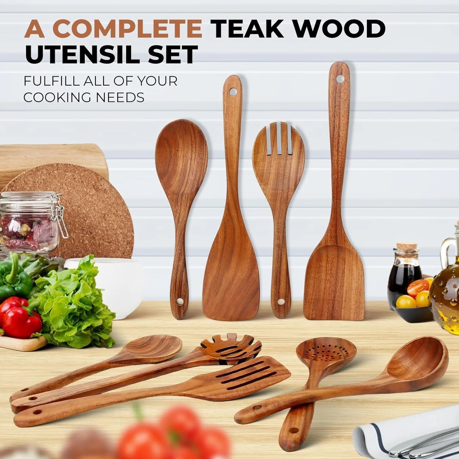 Wooden kitchen utensils set smooth finished spoons for cooking natural teak nonstick pans - dark khaki / united states