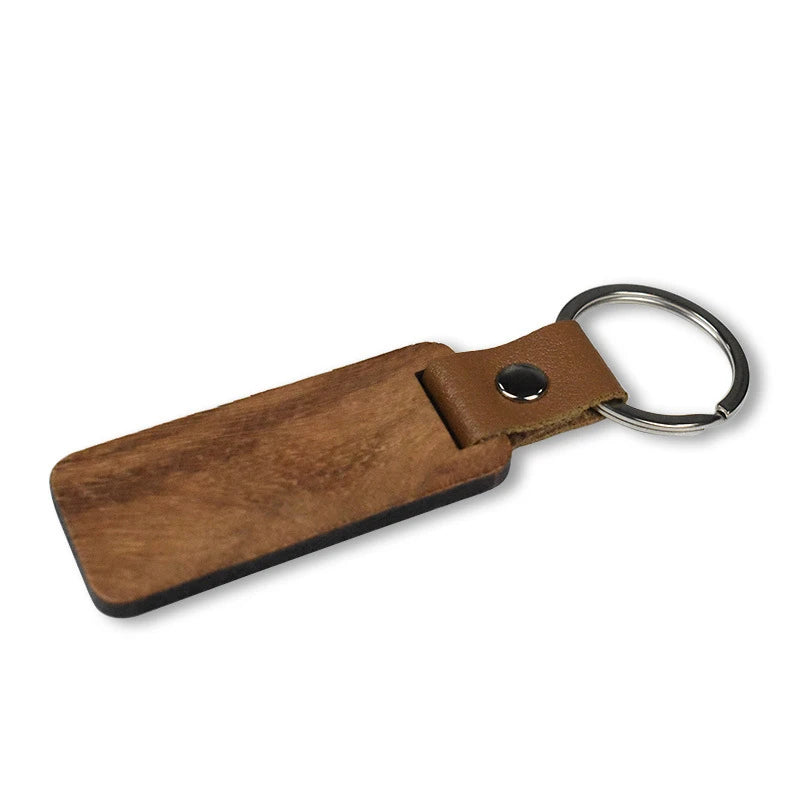 10-150pcs rectangular wood keychains blank pu leather keyrings pendant key chain