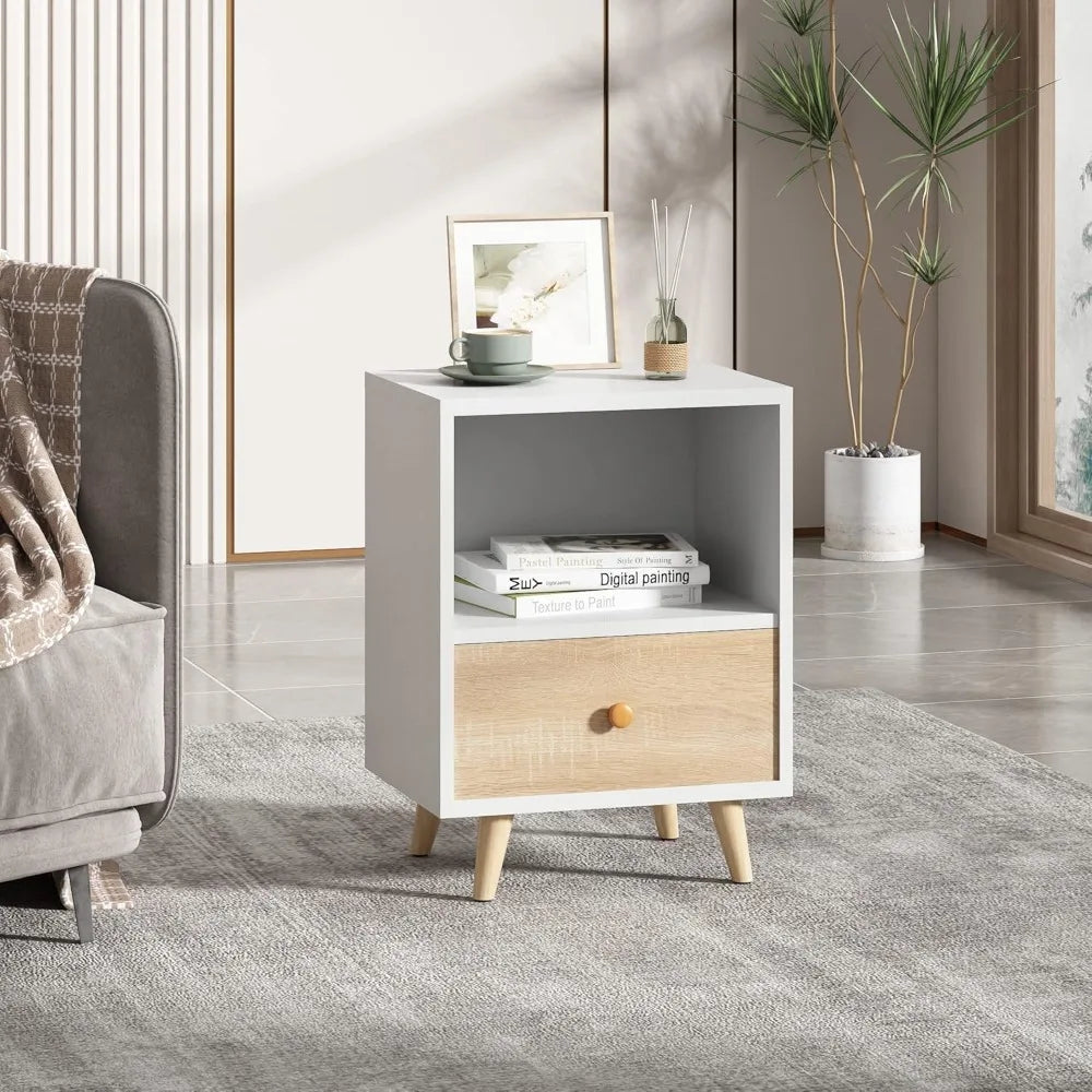 Nightstands set of 2 night stand with drawer and open storage shelf bedside tables solid wood legs end table side
