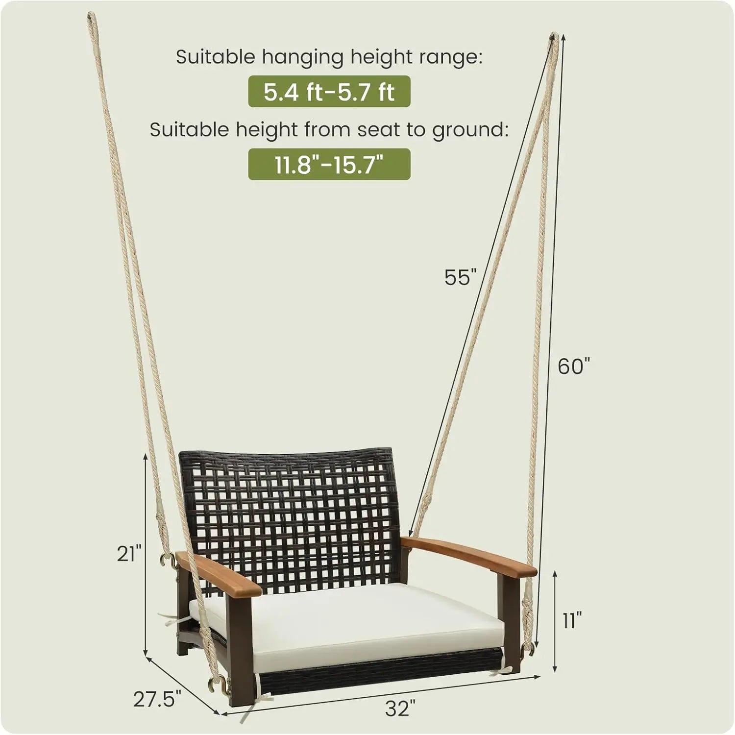 1-person outdoor rattan swing chair with cushion single bench featuring acacia wood armrests and hanging hemp rope
