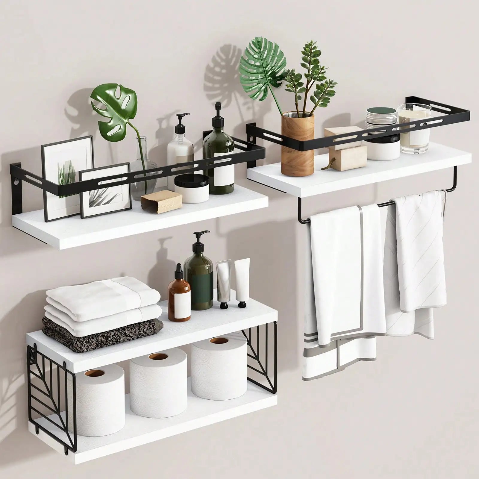3 + 1 tier wall mounted bathroom shelves over toilet,rustic wood floating with metal frame towel bar