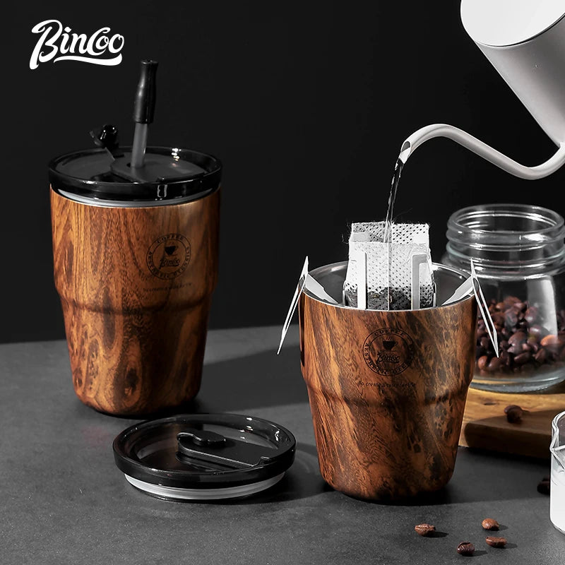 Bincoo wood grain coffee mug american style portable thermal cup retro stainless steel water for home and office