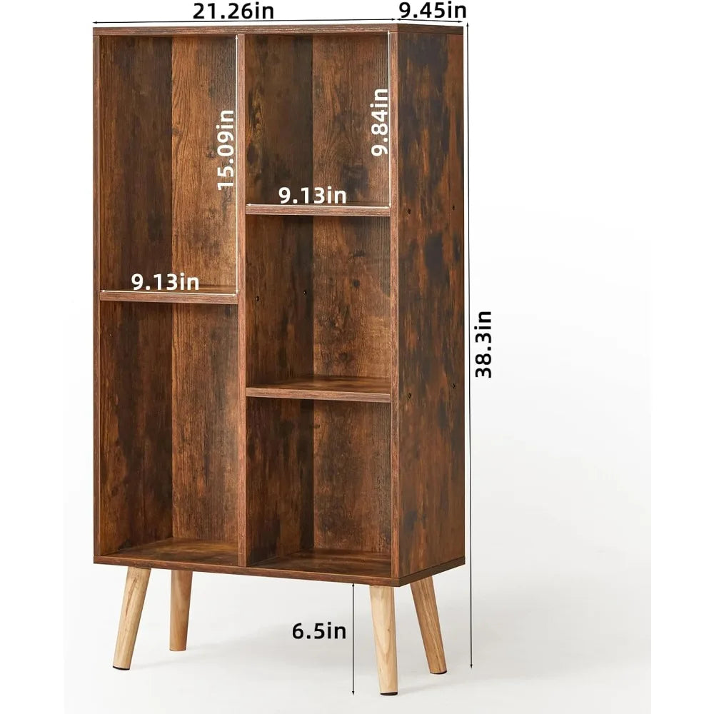 Leyaoyao 5 cube small bookshelf,3 tier mid-century bookcase with legs,wood bookshelves storage organizer shelf,narrow