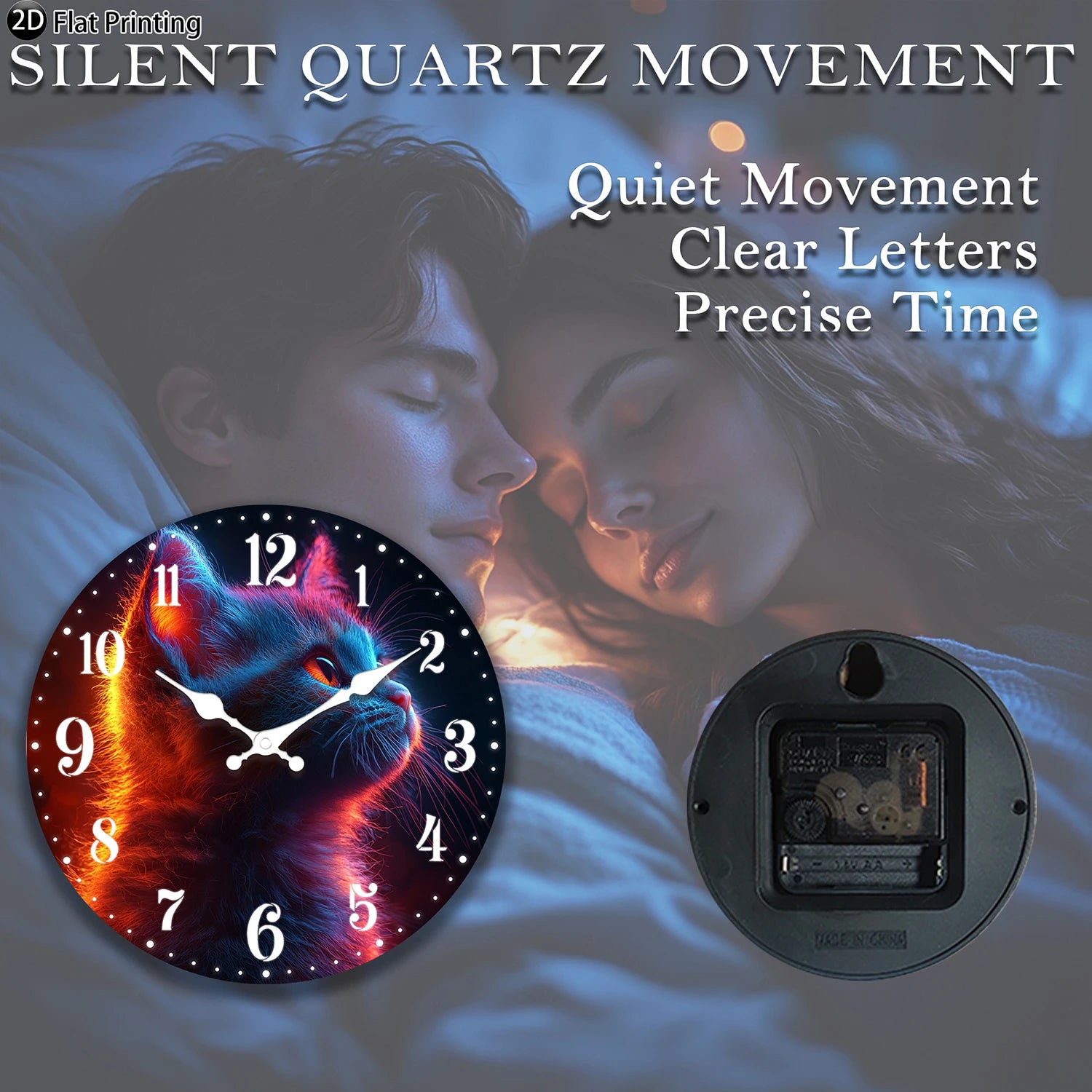 Wooden silent wall clock neon glowing cat quartz analog for bedroom bathroom halloween new year gift