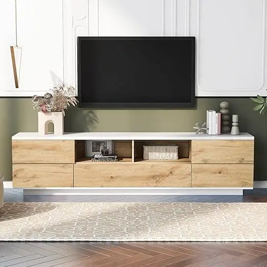 Wood tv stand entertainment center with storage cabinets & open shelves modern console table for tvs up to 80” living r